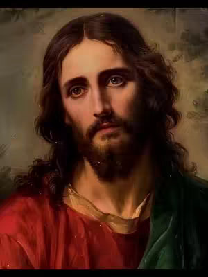 A painted portrait of Jesus Christ, featuring a close-up of his face. He has long, flowing brown hair and a beard. He's wearing a red robe with a green draped garment. The background is intentionally blurry.