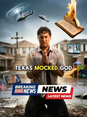 An image depicts a man on his knees in prayer with a distressed expression. The scene is set outside residential homes with a flooded street in front of them and helicopters in the sky with a burning Bible.