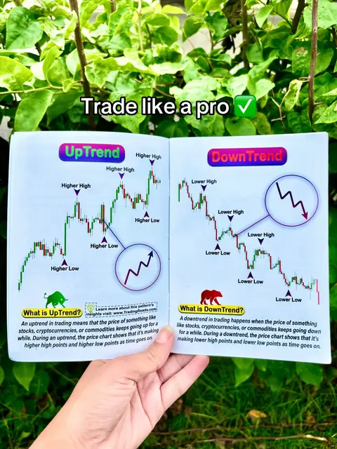A person holding a book open to two pages. The left page shows an uptrend chart with green and white lines and the right page a downtrend chart with red and white lines. The background is green foliage, providing a natural setting.