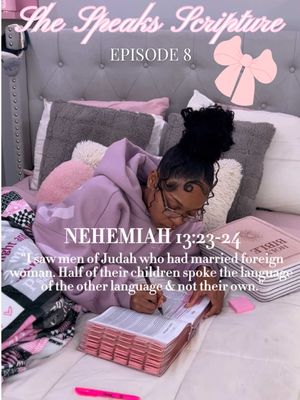 A woman is seen on a bed covered in pillows and blankets, writing in a notebook. Text overlays on the image include a title, episode number, bible verse reference, and a quote.