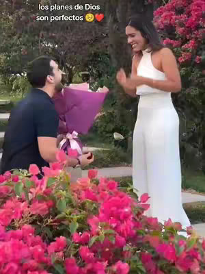 A man kneels before a woman, presenting a ring, with a bouquet of flowers in his outstretched hands, symbolizing a marriage proposal in a garden setting. The woman, in a white dress, looks delighted, with a backdrop of lush pink flowering bushes and greenery.