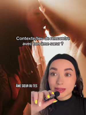 The cover image features a woman holding a microphone in the foreground with a blurred background that may show an intimate scene. Text is overlaid, querying about soulmate meeting locations. The overall composition blends portrait-style with an implied relational context.