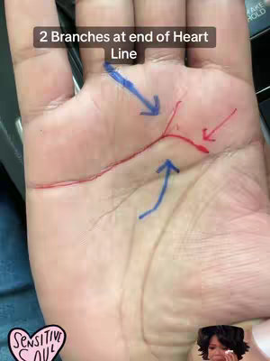 A close-up shot of a hand with palmistry markings. The palm is light-skinned, and red lines and blue arrows have been drawn over it to highlight specific features, including the heart line and its branches. The background is out of focus and appears to be a car's interior.