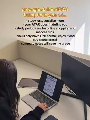 A person is sitting at a desk with a laptop open, with text overlayed on the original image. The text describes some 'propaganda' the person is falling for which includes studying less. The person is seen from behind, with only their upper body visible. The overall composition is simple with the focus on the text and the laptop.