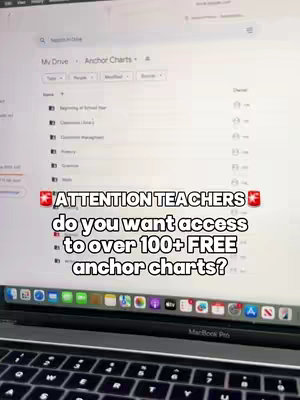 The cover image shows a laptop screen displaying a Google Drive page with multiple folders related to anchor charts. An overlay emphasizes "ATTENTION TEACHERS", offering access to over 100 free anchor charts.