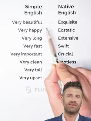 The image shows a split screen listing simple and native English words, with a man in a blazer appearing at the bottom. A hand uses a pen to point to the different English words.