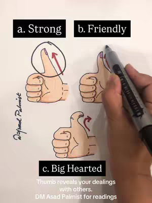 The image is a visual guide to palmistry, with illustrations of hands and thumbs. The background is a plain white surface. In the center, there are three drawings that show the different forms of the thumbs that have each a description near by: the first is rigid thumb with the text "a. Strong", the second is an oval thumb with text "b. Friendly" and the last one is curved thumb with the text "c. Big Hearted". The illustration is accompanied by hand-written text and the name "DM Asad Palmist" as the readings author.