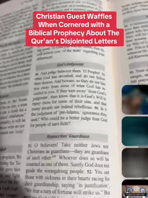 The cover image shows an open book with text overlaid in a red rectangle. The text overlay introduces the video's topic, focusing on a discussion about biblical prophecy and the Quran. The book's pages are beige with lines of text, which could be religious text.