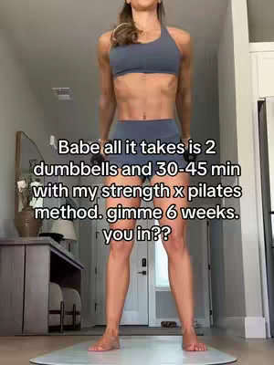 A woman in workout attire is standing in a bright room, holding dumbbells. Text overlays the image, promoting a fitness program.