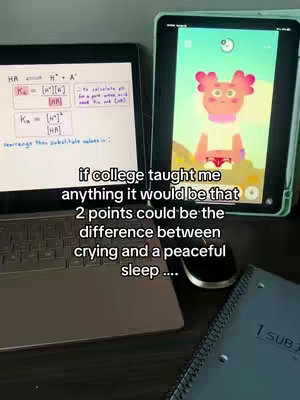 The image features a laptop displaying handwritten equations, a tablet showing an animated character, and a notebook. It includes overlay text with a relatable student experience quote.