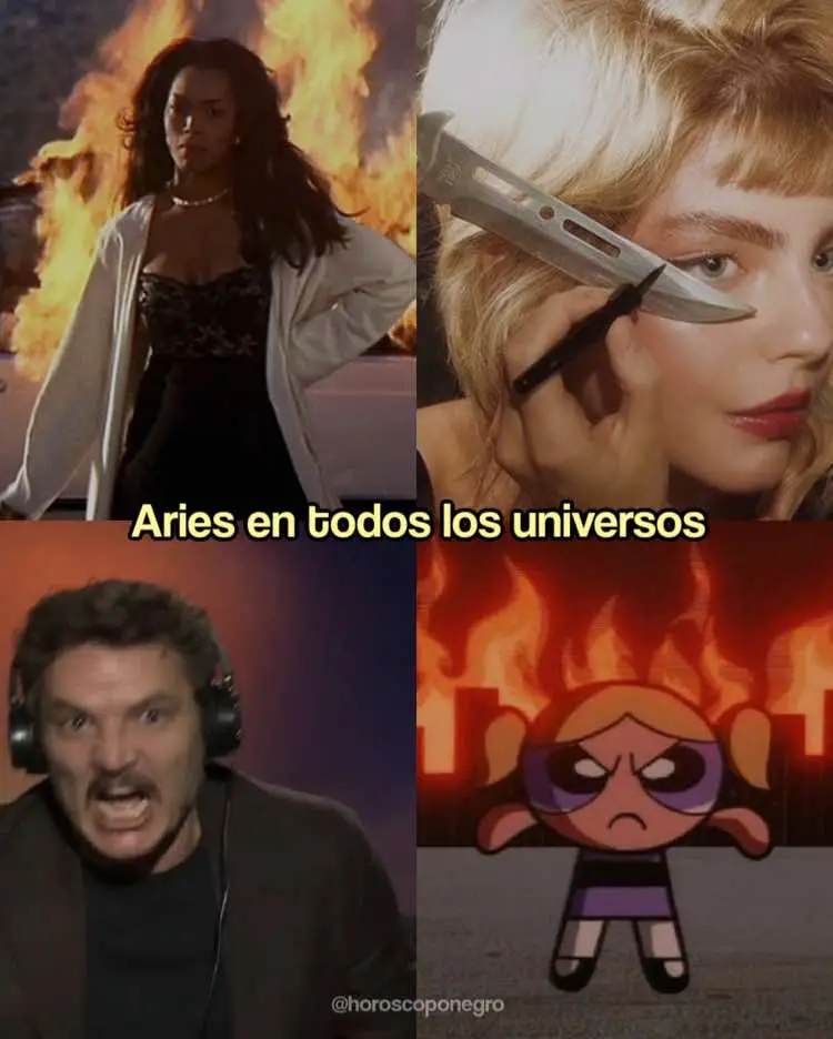 A collage of four images with a text overlay. The top left shows a woman standing in front of a fire. The top right shows part of a face putting on makeup, the bottom left shows a man with headphones shouting, and the bottom right has a cartoon character of a angry little girl, and is on fire.