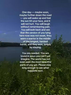 A serene landscape featuring a body of water reflecting a vibrant blue sky with some green vegetation in the foreground. Overlaid on this scene is a block of text in a clean, white font. The text is a motivational message with a font type that is easy to read, centered, and aligned.