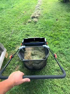 A first-person perspective shot of a lawn sweeper being pushed across a green lawn, collecting grass clippings. The sweeper is black with silver accents and has a basket filled with cut grass. The handle of the sweeper is held in the bottom left with a hand. In the top right, is the trail that the sweeper has gone over.