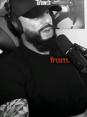 A grayscale image of a man in a black t-shirt wearing a black baseball cap and headphones. He has a beard and is speaking into a microphone. Text is overlaid in red, saying 'from'. In the background, a blurred image is visible, and the word 'Growth' is written in the top left corner.