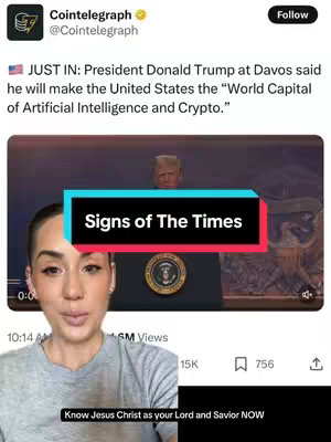 The cover image displays a woman in the foreground, positioned in front of a screen displaying a video of Donald Trump at a podium. A text overlay in the middle announces "Signs of The Times" in white text on a black and blue box. At the bottom of the screen is text that says, "Know Jesus Christ as your Lord and Savior NOW". The woman's face shows a focused and earnest expression, and the Coin Telegraph brand is indicated in the top left with a follow option.