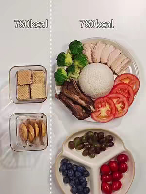 An overhead shot displays two meals designed to contain the same amount of calories. On the left, two small glass containers hold high-calorie snacks like cookies. On the right, a plate features a well-portioned meal including broccoli, chicken, rice, tomatoes, and grapes. The image is well-lit and clean.