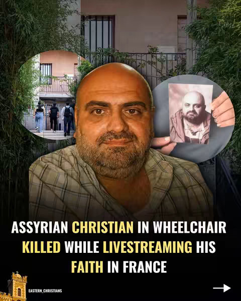 The cover image features a middle-aged man with a bald head and a beard, positioned in the center. He is holding a photo of himself in his right hand. The background has a blurred image of a building with circular pictures of people walking and people in an interior. At the bottom, bold yellow text announces the subject matter. The overall composition conveys a sense of both personal mourning and public attention to the subject.