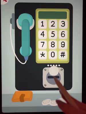 The image shows a phone game interface on a tablet screen. A hand is interacting with the game. The game screen looks like a vintage phone. The background is dark blue, while elements like the phone handset, keypad, and coin slot are rendered in light green, yellow, and metallic gray. On the bottom, a small orange wallet and some coins are placed. The user's hand uses finger to put a coin in the hole. Overall, the image is a simple and minimalist.