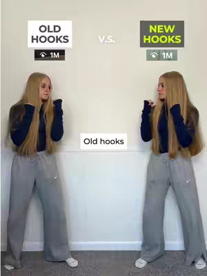 The image is a split screen comparison featuring a person on both sides. Each side has the same person posed against a white wall background. On the left, the image is labeled "OLD HOOKS" in a white rectangle with a dark background, and below is a black square with a white eye symbol and "1M". The person is wearing a dark blue top, gray sweatpants with a white Nike logo, and white shoes. The person raises their hands near their face. On the right, the image is labeled "NEW HOOKS" in a yellow/green rectangle with a dark background, and below is also a black square with a white eye symbol and "	1M". The person is posed the same. Between the two sides, the text "V.S." is visible.