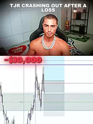 Image features a shirtless man with a diamond necklace, seated in a gaming chair in front of a light-filled room. The image has text overlays suggesting a financial loss, with a stock chart in the background.