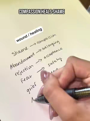 A hand with manicured nails is writing on a beige paper. The paper has handwritten text that organizes thought processes related to healing. Text overlays read 'COMPASSION HEALS SHAME' and 'wound / healing'.