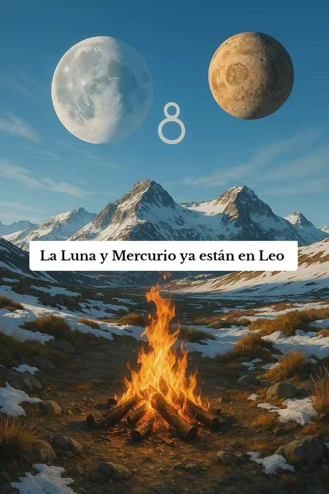 The image displays a landscape painting with a bright blue sky. In the upper section, there are two celestial bodies: a large, white crescent moon on the left and a smaller, brown planet on the right. In the middle, a white ‘8’ is positioned centered. Below, snow-covered mountains stretch across the background, with a foreground featuring a low-lying fire pit with a burning fire in the center.