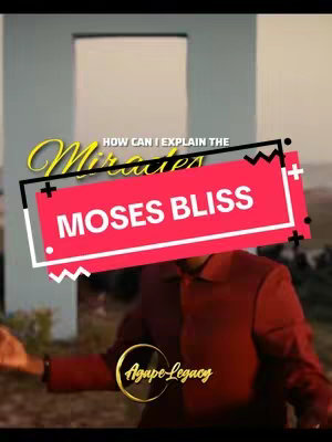 The image focuses on a man in a red suit, his arms outstretched, in front of a backdrop that includes the Hollywood sign. A rectangular text overlay in red and white states 'MOSES BLISS'. Additional text overlays give a 'Miracles' with an artistic font that could be related to the content and a logo at the bottom right.
