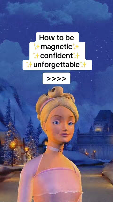 A digitally rendered image with a light pink and blue color palette. The central figure is a blonde woman styled like a Barbie doll, wearing a pink dress and white choker. Text overlays in a white rectangular box at the top say 'How to be magnetic, confident, unforgettable', with arrows below. The background shows a snowy, mountainous landscape under a starry sky.