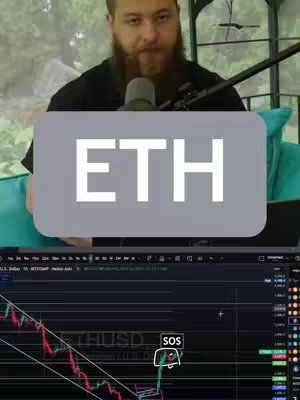 A man with a beard is in front of a chart of ETH/USD with the text ETH overlaid. The man is in a casual setting with a laptop visible.