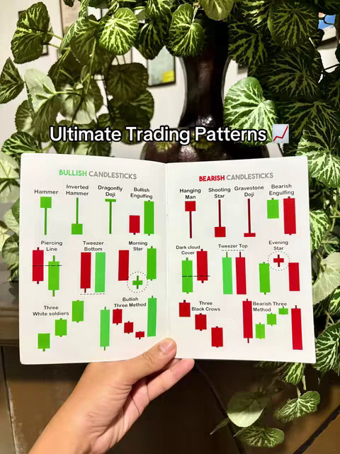 A close-up shot featuring a page from a book or guide on trading patterns. The page is open, showcasing various candlestick patterns with labels like 'Hammer,' 'Shooting Star,' and more. The background is a mix of lush green foliage and a decorative vase, creating a visually appealing and professional setting.