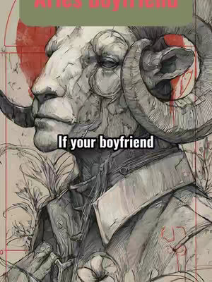 The image is a digital illustration with a detailed, grayscale depiction of a ram's head and neck, rendered in a style reminiscent of a detailed ink drawing or engraving. The ram's head is in profile, with a large, curved horn and a strong, defined jawline. The background is a combination of earthy tones and red accent colors. The text overlay is in a combination of red and white fonts.