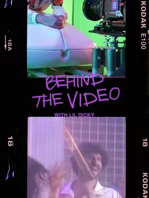 The cover image is a vertical collage framed by a black border reminiscent of a film strip. The top section features a shot of a light-colored, curved surface, possibly part of a set, with a person's arm and hand visible. A camera sits in the background. Below, the text overlay 'BEHIND THE VIDEO' in a vibrant purple, along with 'WITH LIL DICKY'. The bottom section displays a person with curly hair, appearing to wave cheerfully, with the backdrop a blurred grid.