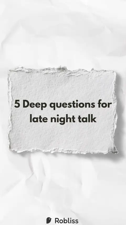 A white background with a textured, crumpled paper effect. On the paper, a rectangular area of textured paper is placed at the center, inside which are written the words "5 deep questions for late night talk" in a black sans-serif font. In the bottom right corner, the Robliss logo appears.