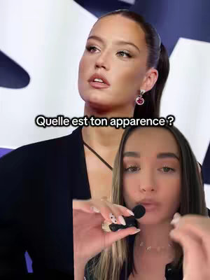 The image is a selfie-style shot. The top of the frame features a woman looking towards the top left, with a purple and white background. The lower portion of the image contains another woman, her head turned towards the top right, with focus on her face. Text in a rectangular box is overlaid on top of the two faces.