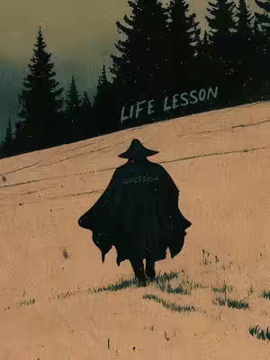 The image depicts a person in a dark cloak and hat walking away from the viewer on a sloping, tan-colored field. In the background, silhouetted trees and a small patch of green grass add to the scene's somber mood. The words "LIFE LESSON" are written in a white, slightly skewed font above the figure.