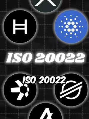 The cover image displays a dark background with a grid-like pattern. Overlayed are circular logos of various cryptocurrencies such as XRP, XLM, HBAR, QNT and ADA, along with the text 'ISO 20022' in large, white, glowing letters.