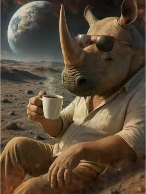 A surreal digital artwork depicting a rhino wearing sunglasses and a button-down shirt, seated on a rocky, alien-looking landscape. The rhino is depicted holding a mug, with steam rising. A large, planet-like object is in the background. The overall composition is dreamlike and humorous. The color palette features earthy tones with a cool, celestial background.