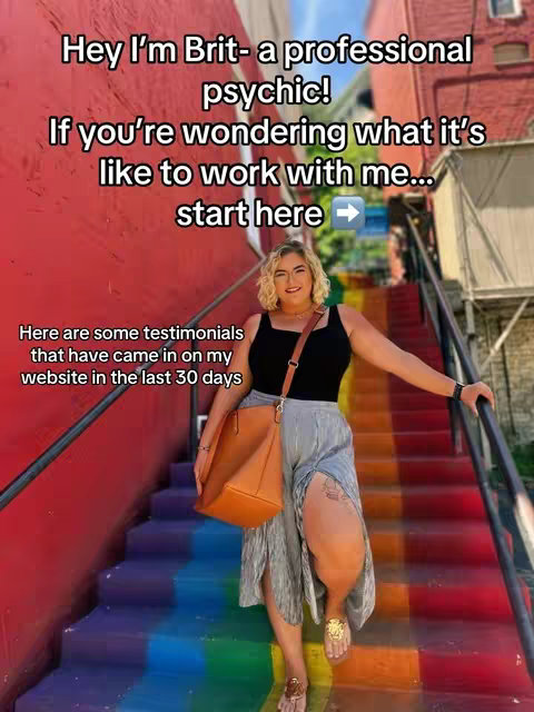 A woman in a black top and gray shorts with a brown purse stands on a set of rainbow stairs, angled slightly towards the camera. Text overlays at the top and bottom.