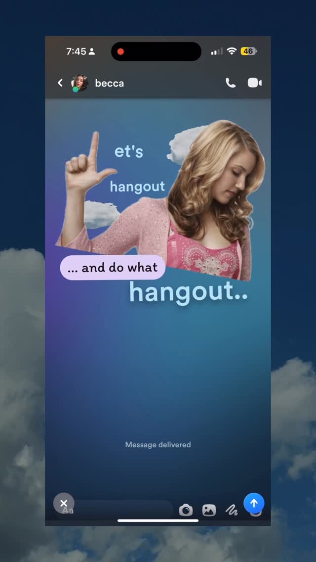 The image is a screenshot of a phone screen showing a text message conversation. The background is a sky with clouds. A blonde woman is in the background as the profile picture for the 'becca' contact. Text overlays include 'et's hangout' and '... and do what hangout..'. The phone display is set against a blue background.