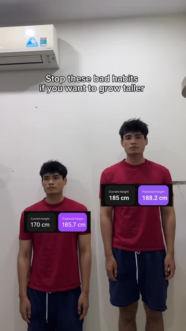 The cover image shows two young men standing side-by-side against a plain white wall. They are both wearing red t-shirts and dark blue shorts. The man on the left has a current height of 170 cm displayed with a predicted height of 185.7 cm. The man on the right has a current height of 185 cm displayed with a predicted height of 188.2 cm. Above them is added text.