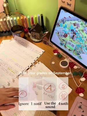 The cover image displays a well-lit desk with study materials. A hand is visible on the left, holding paper. In the center, a transparent overlay presents possible grades: an F, a fraction out of 50, a letter grade A, and other fractions. To the right is a tablet displaying a colorful, abstract image, possibly a map or artwork. There are also study supplies, including colored highlighters, pens, a cup of coffee, and other decorative elements.