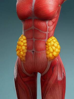 An anatomical illustration of a torso, displaying the muscular structure focusing on the abdominal area. The muscles are depicted in red, overlaid with yellow, globular structures that represent fat deposits on the sides. The background is light blue.