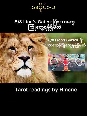 The cover image features a majestic lion's face in the foreground, occupying most of the frame, with its focused gaze directed towards the viewer. Behind the lion and to the right is a background with various elements, including the colors red, green, gold and off-white. At the bottom of the image, the text "Tarot readings by Hmone".