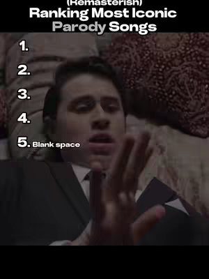 A man in a suit lies on a bed, presenting a list with his open hand in the front. Above the man is the text (Remasterish) Ranking Most Iconic Parody Songs with the numbers 1 through 5 placed vertically on the left.