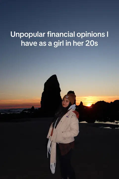 A woman stands on a beach at sunset, silhouetted against the sky and water. The text overlay reads "Unpopular financial opinions I have as a girl in her 20s."