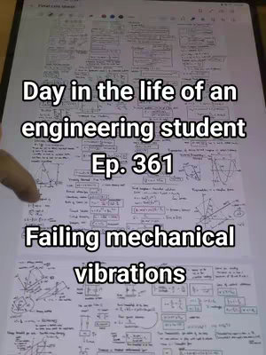 The image shows a close-up view of a paper with handwritten notes and diagrams, likely a student's study material. The overlay text indicates the video's theme: a day in the life of an engineering student, focusing on failing a mechanical vibrations course. The layout is simple, highlighting the study notes as the backdrop with the overlaid title text taking center stage.
