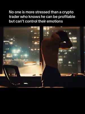 A man is captured from behind in a dark room, likely an office, wearing only pants. He reaches up to touch his head or face. A cityscape is visible in the background through a large window.