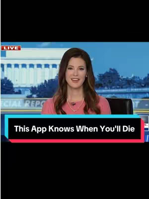 A news anchor in a studio setting, with a background of a building. The anchor is a woman with long brown hair, wearing a pink top and a necklace. The video has a lower third with the text: This App Knows When You'll Die.