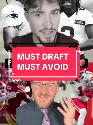 The cover image is a vertical collage filled with multiple elements. The topmost layer features a man with light skin and a beard, smiling and facing the viewer, superimposed over parts of football players in uniform. Below him is a rectangular box with a pink background and white text that reads "MUST DRAFT MUST AVOID". In the lower part, another man is wearing glasses and a shirt. The background is a mix of football players and action shots.