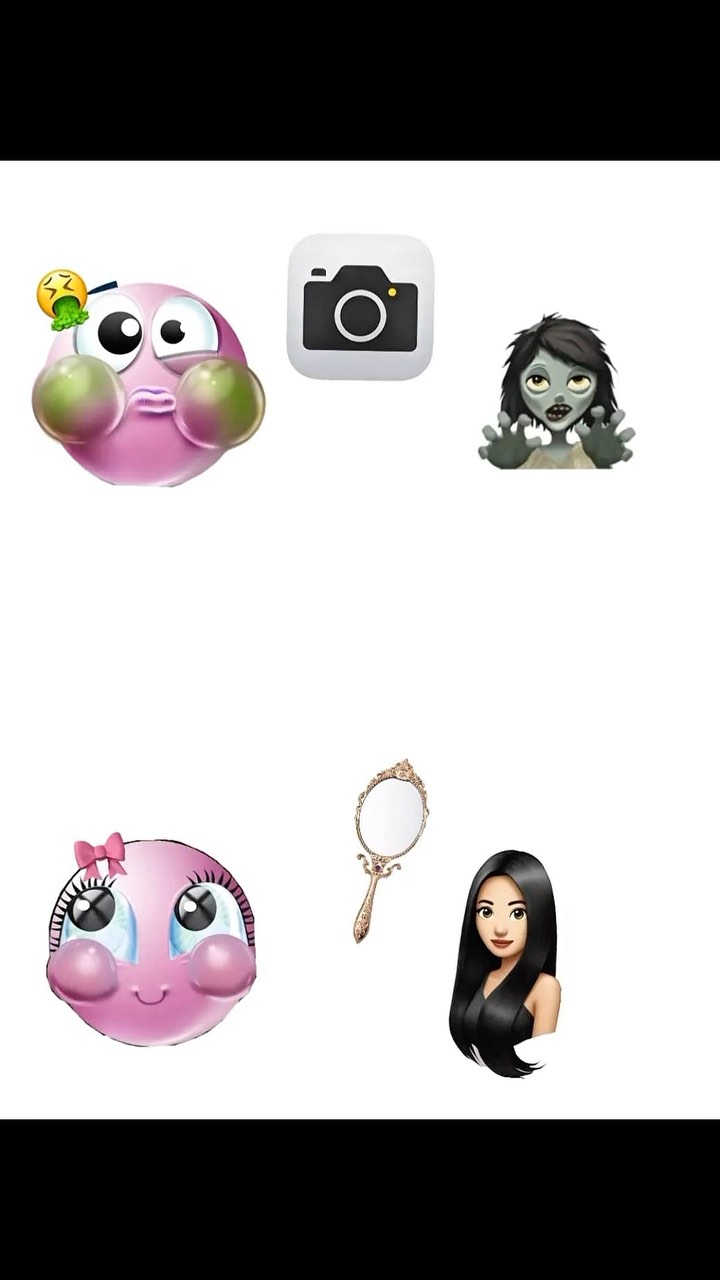 The image is primarily a white background with several emojis dispersed across it. There are two emojis that function like faces with eyes, cheeks and a mouth on the left, camera icon in the middle, a zombie with hands in the middle right, then on the bottom row are the same face emojis, a mirror and a girl.